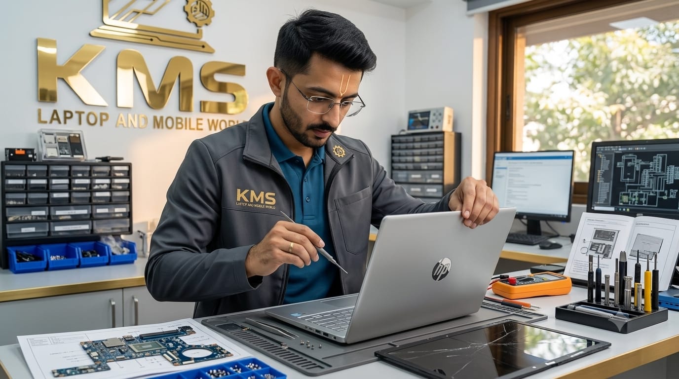 KMS Certified Technician performing precision HP Omen Transcend 16 High-Capacity Long-Life Battery Replacement Service repair at Chinnakada Beach Road Lab, Kollam