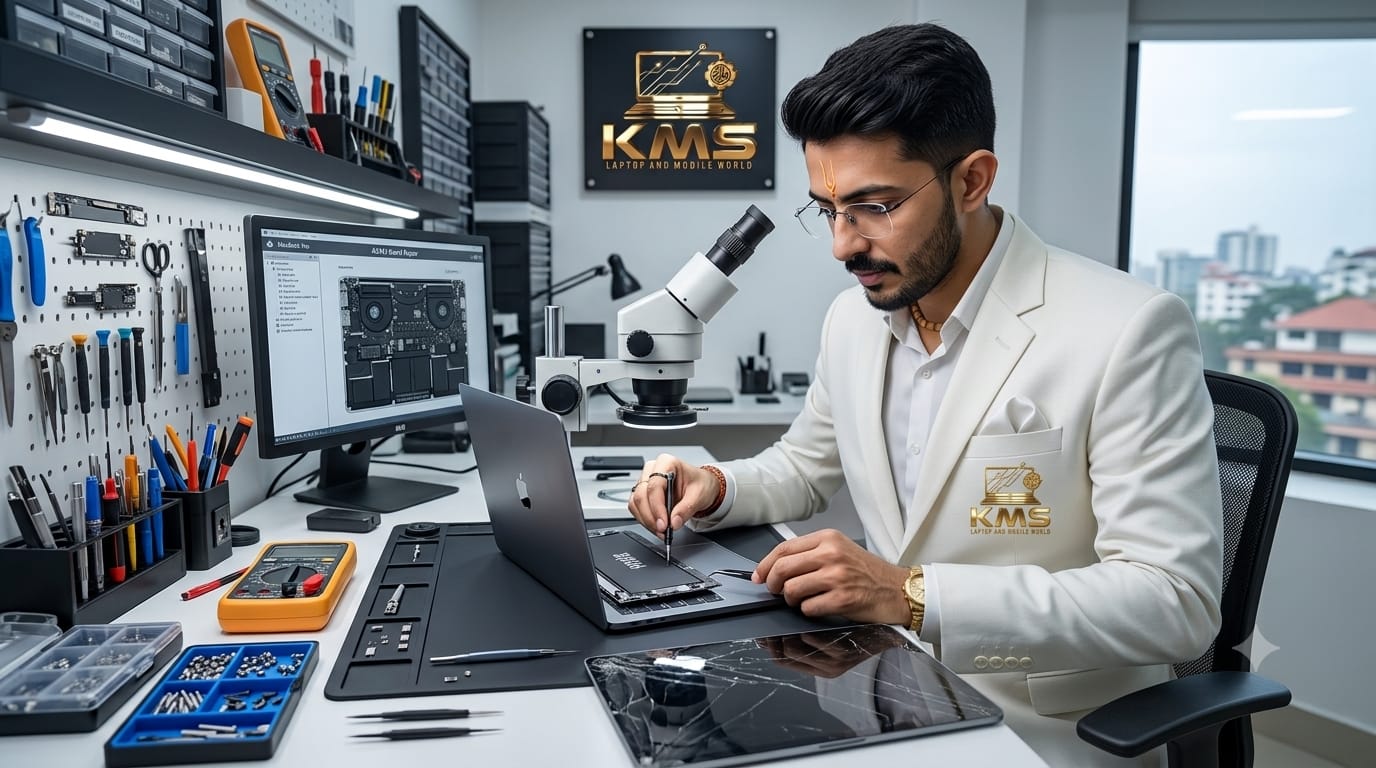 KMS Certified Technician performing precision Apple MacBook Pro 13" (M2) High-Capacity Long-Life Battery Replacement Service repair at Chinnakada Beach Road Lab, Kollam
