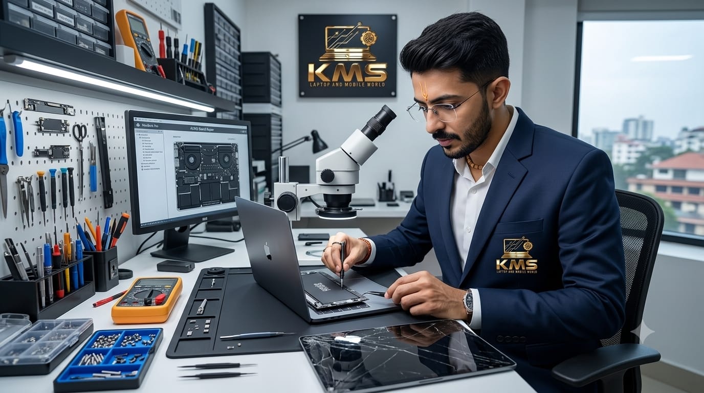 KMS Certified Technician performing precision Apple MacBook Pro 16" (Intel 2019) High-Capacity Long-Life Battery Replacement Service repair at Chinnakada Beach Road Lab, Kollam