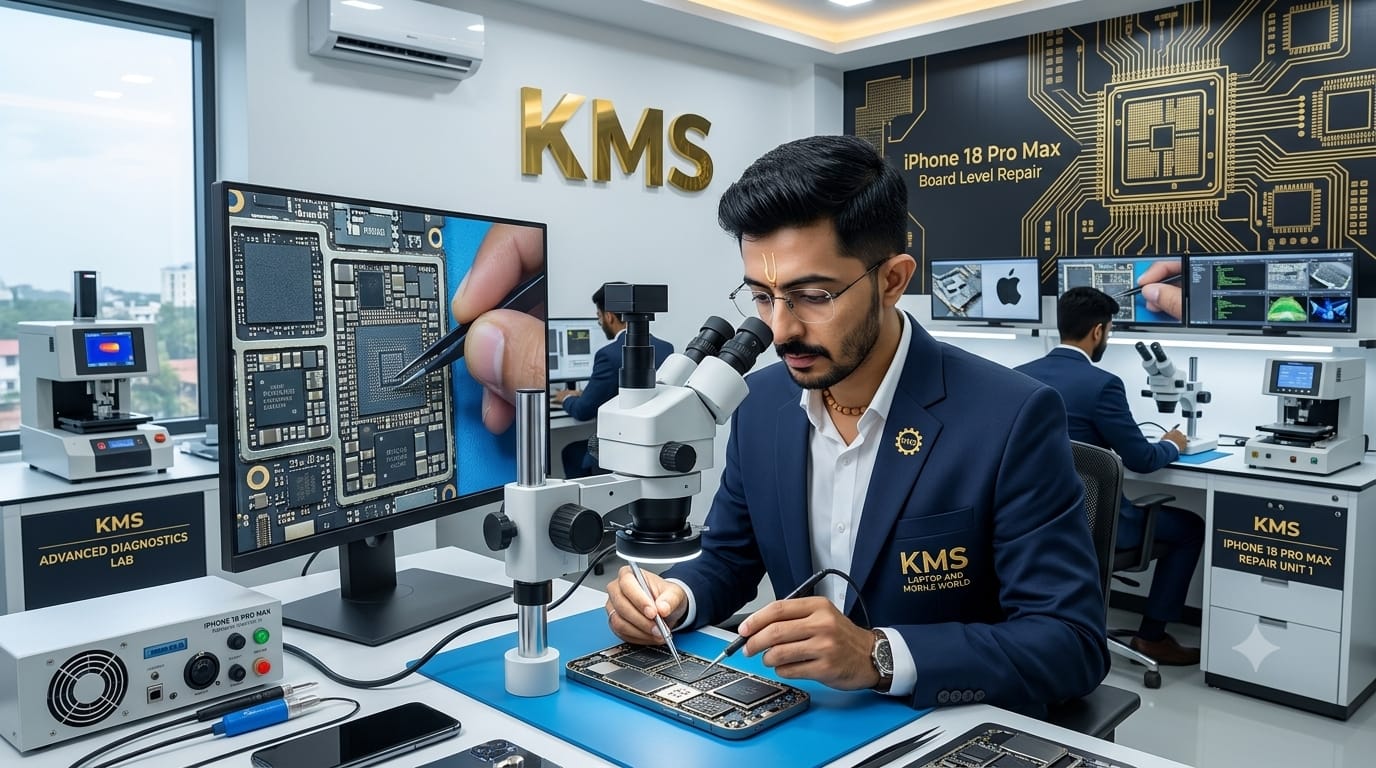 KMS Certified Technician performing precision Apple iPhone 12 Battery Replacement Service (Genuine High Capacity) repair at Chinnakada Beach Road Lab, Kollam
