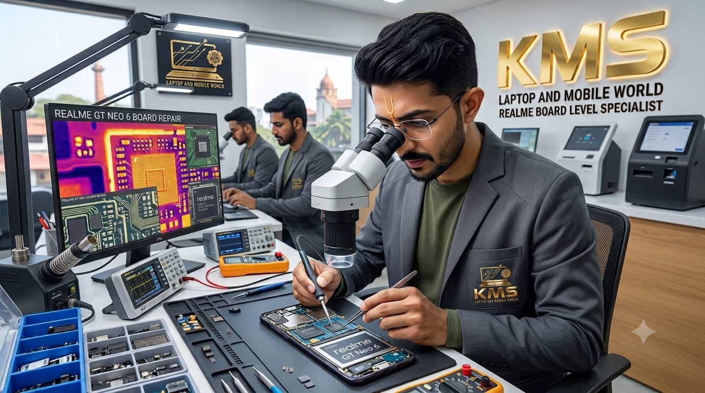 KMS Certified Technician performing precision Realme Narzo 50 5G Battery Replacement Service (Genuine High Capacity) repair at Chinnakada Beach Road Lab, Kollam