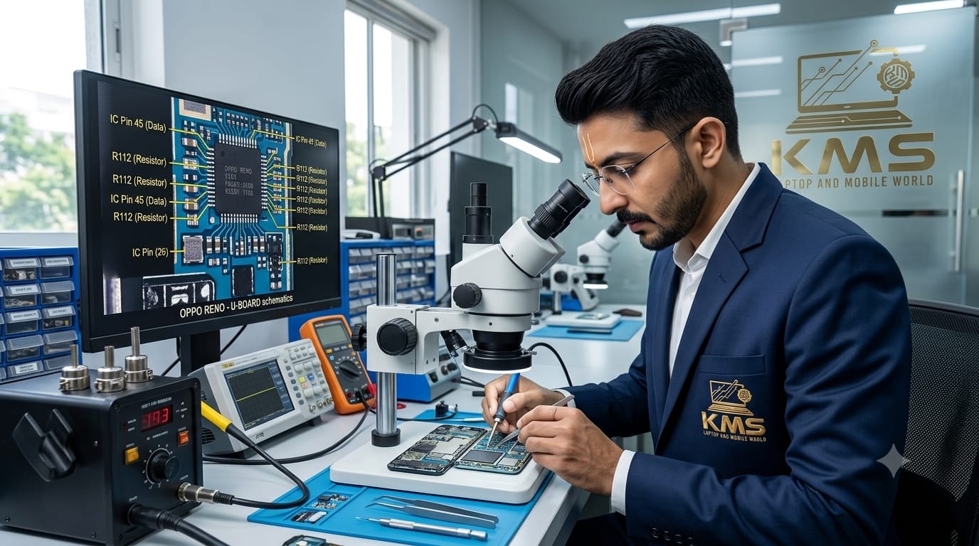 KMS Certified Technician performing precision Oppo Reno 10 Pro+ 5G Battery Replacement Service (Genuine High Capacity) repair at Chinnakada Beach Road Lab, Kollam