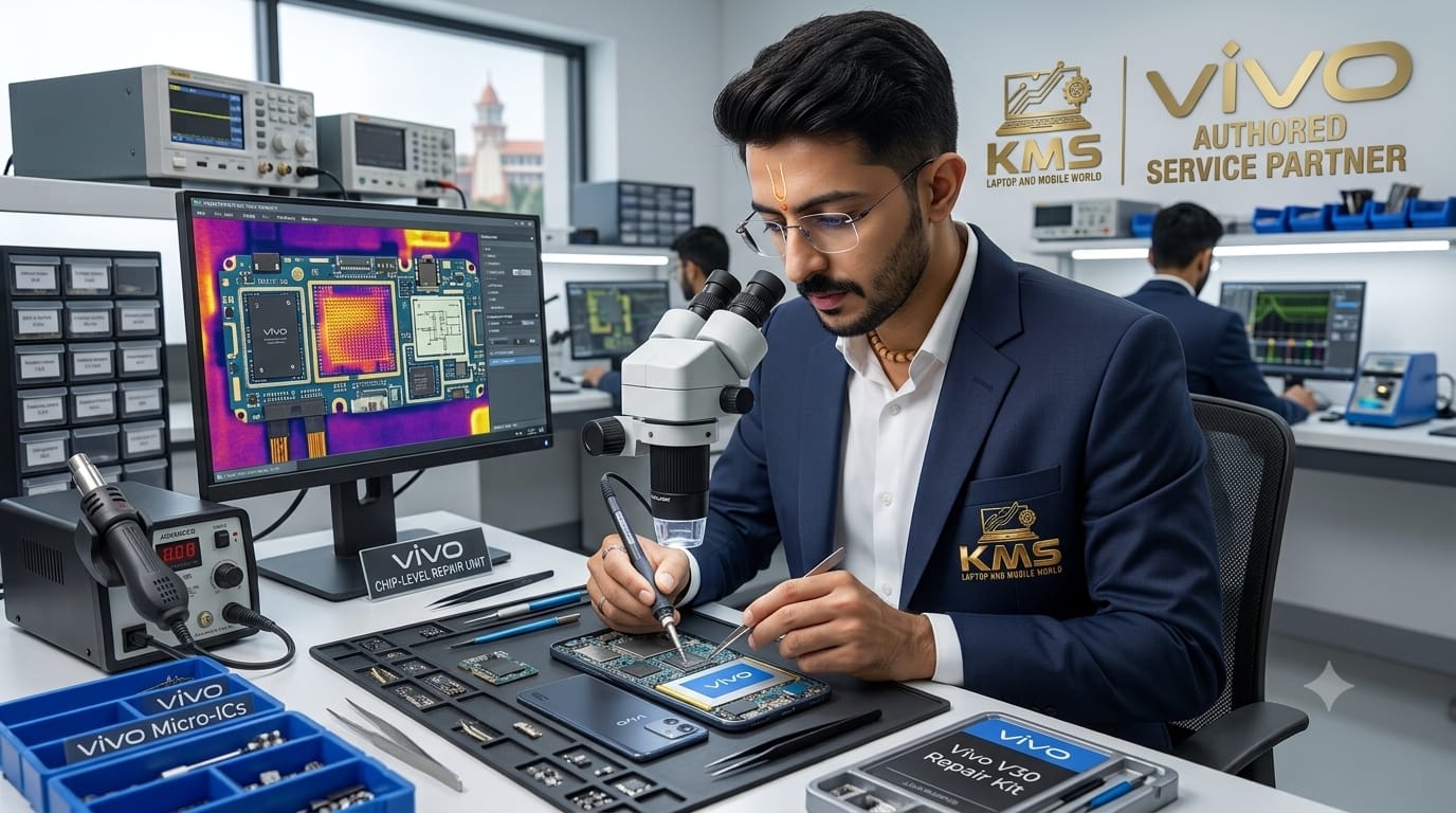 KMS Certified Technician performing precision Vivo V27 Pro Battery Replacement Service (Genuine High Capacity) repair at Chinnakada Beach Road Lab, Kollam